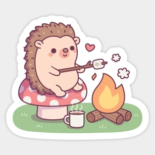 Cute Hedgehog Toasting Marshmallow At Campfire Sticker